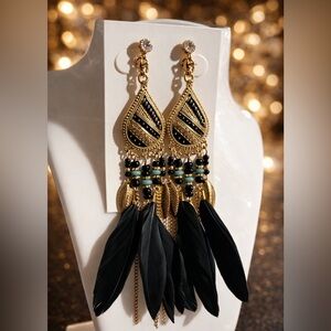 Boho Feather Clip-On Earrings – Gold & Black Statement | 5” Drop
